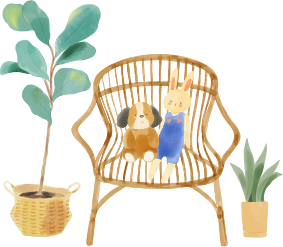 Watercolor Boho Rattan Chair with Toys and Plants